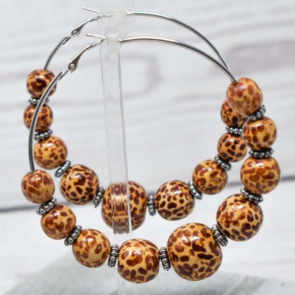 Oversized Wood Leopard Print Bead Hoop Earrings - Picture 7 of 11